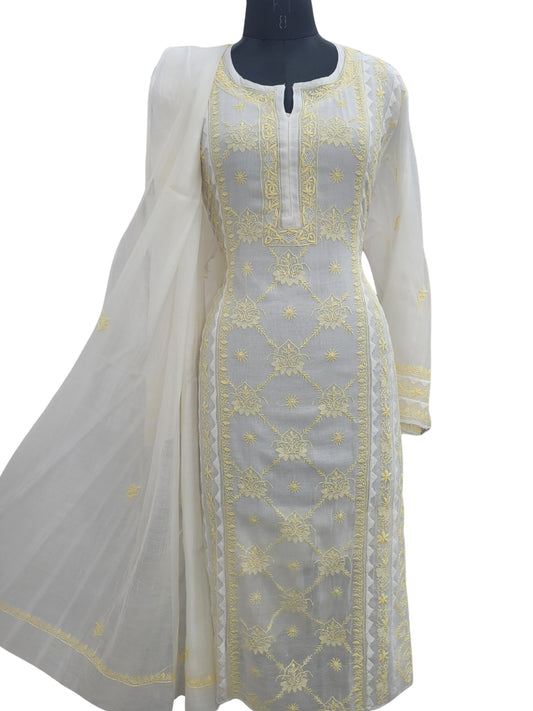 Shyamal Chikan Hand Embroidered White American Cotton Lucknowi Chikankari semi stitched Suit Piece (Kurta Dupatta Set) - S25100