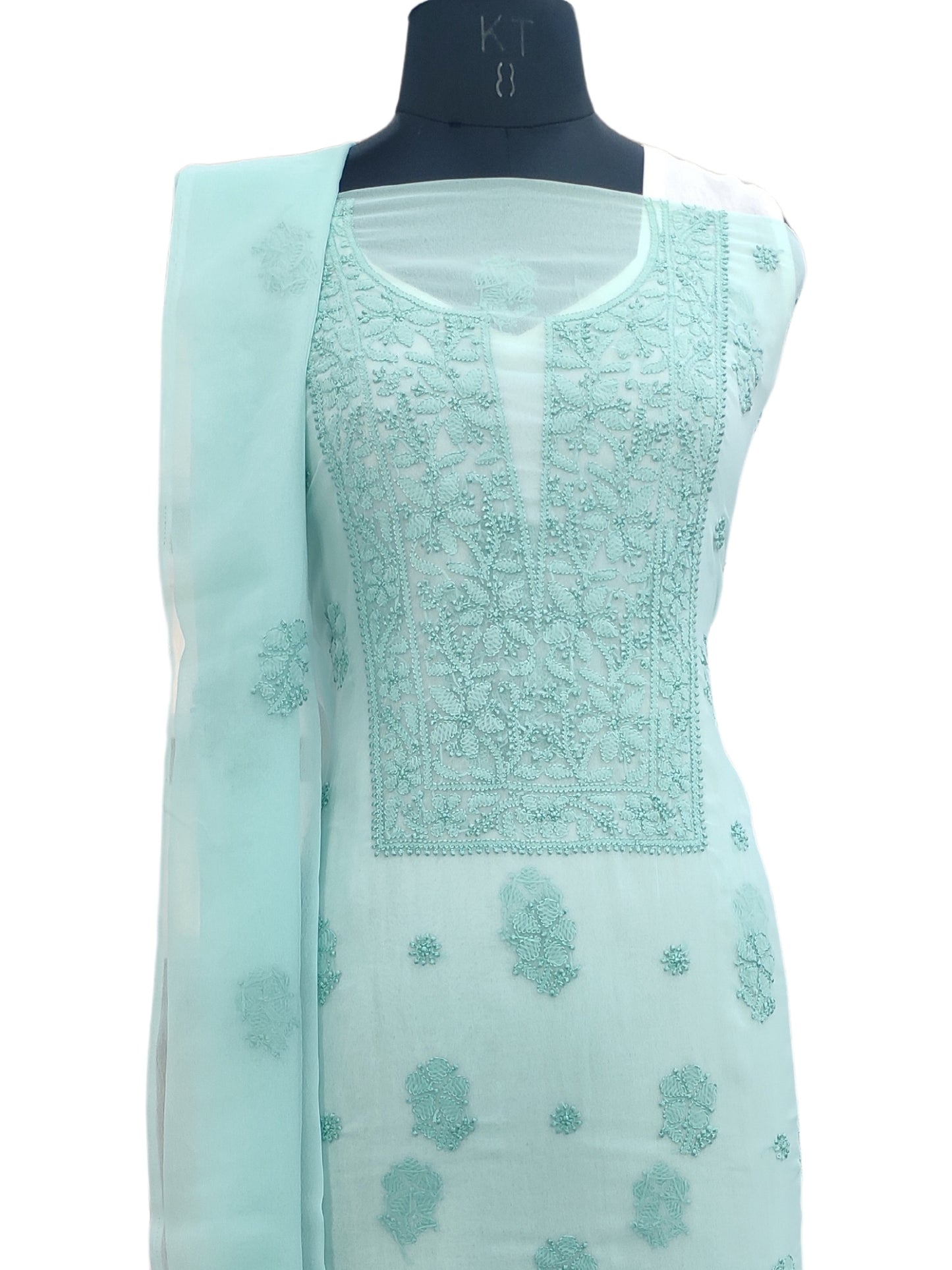 Shyamal Chikan Hand Embroidered Sea Green Georgette Lucknowi Chikankari Unstitched Suit Piece - 24022