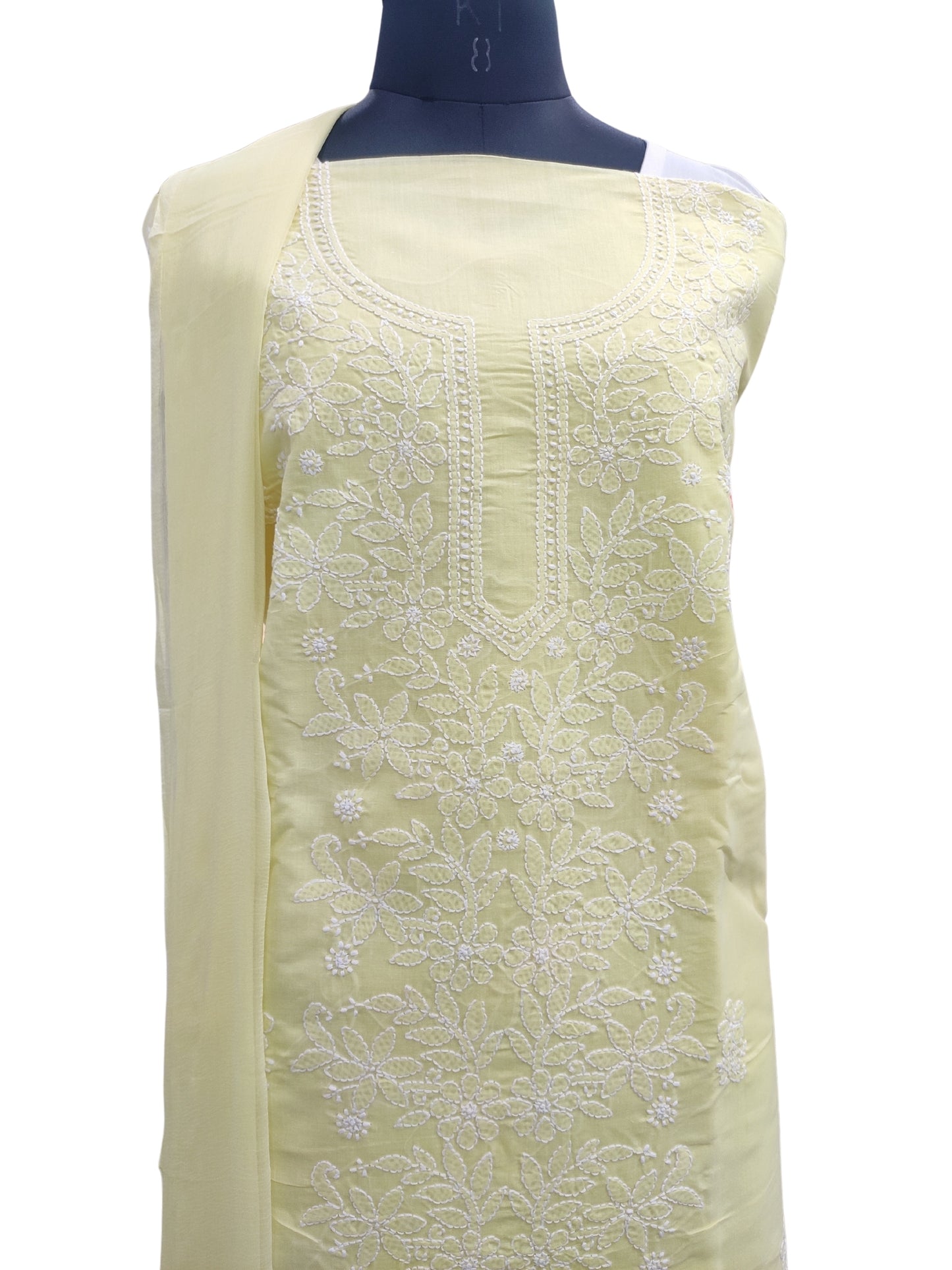 Shyamal Chikan Hand Embroidered Lemon Cotton Lucknowi Chikankari Unstitched Suit Piece - S24773