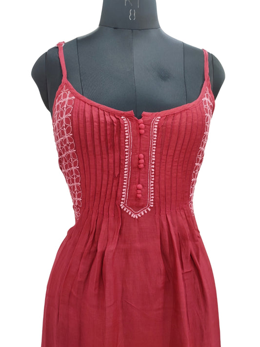 Shyamal Chikan Hand Embroidered Red Muslin Noodle Strap Lucknowi Chikankari Short Top - S25529