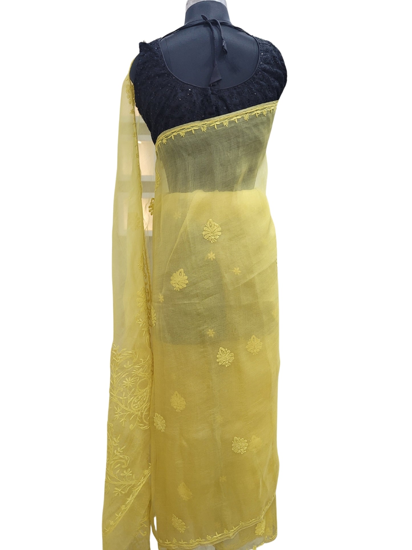 Shyamal Chikan Hand Embroidered Greenish Yellow Pure Organza Lucknowi Chikankari Saree With Blouse Piece - S24067