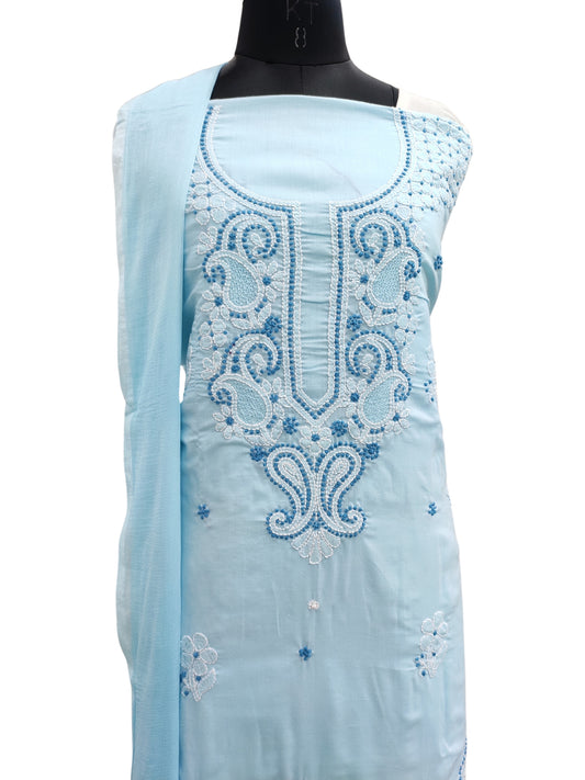 Shyamal Chikan Hand Embroidered Blue Cotton Lucknowi Chikankari Unstitched Suit Piece With Jaali Work - S25419