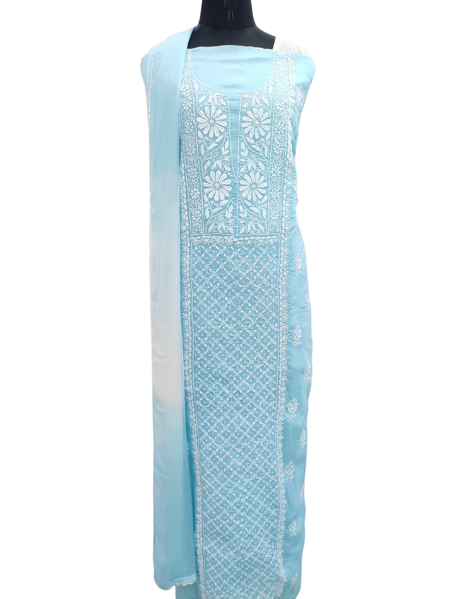 Shyamal Chikan Hand Embroidered Blue Cotton Lucknowi Chikankari Unstitched Suit Piece- S21841