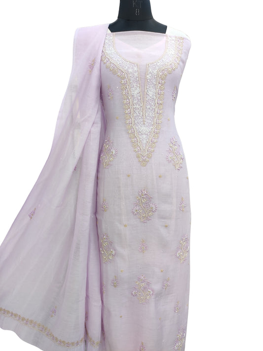 Shyamal Chikan Hand Embroidered Purple Mul Chanderi Lucknowi Chikankari Unstitched Suit Piece with Cutdana & Sequin Work (Kurta Dupatta Set) - S23758