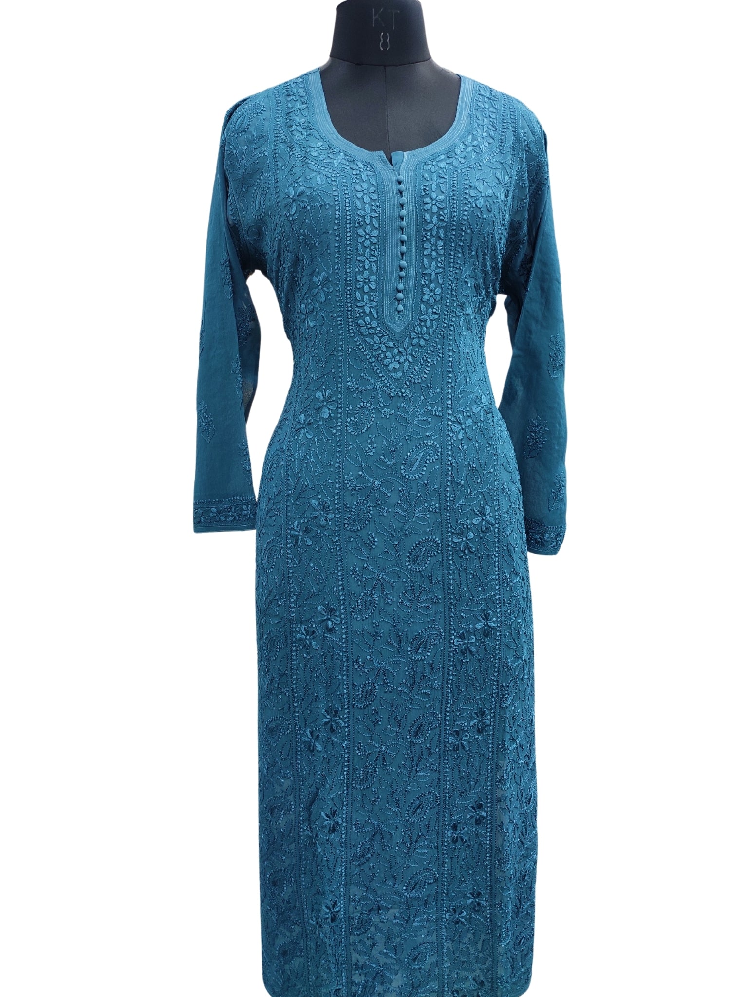 Shyamal Chikan Hand Embroidered Peacock Blue Viscose Georgette Lucknowi Chikankari Kurti - S24695