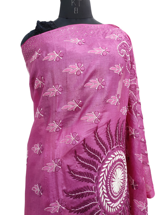 Shyamal Chikan Hand Embroidered Pink Tusser Silk Lucknowi Chikankari Saree With Blouse Piece and Mukaish Work- S22556