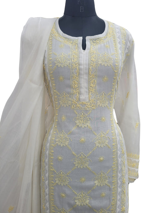 Shyamal Chikan Hand Embroidered White American Cotton Lucknowi Chikankari semi stitched Suit Piece (Kurta Dupatta Set) - S25100