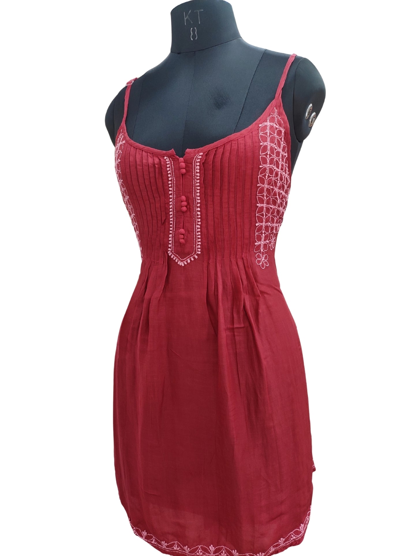 Shyamal Chikan Hand Embroidered Red Muslin Noodle Strap Lucknowi Chikankari Short Top - S25529