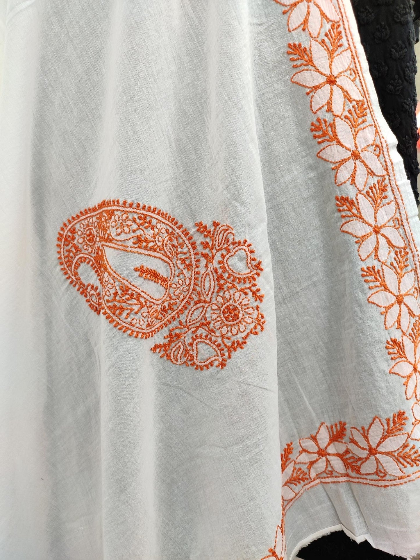 Shyamal Chikan Hand Embroidered White Malmal Cotton Lucknowi Chikankari Dupatta - S20097