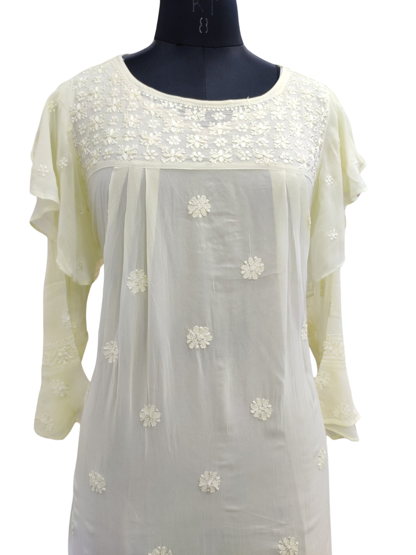 Shyamal Chikan Hand Embroidered Lemon Viscose Georgette Lucknowi Chikankari Short Top S23268