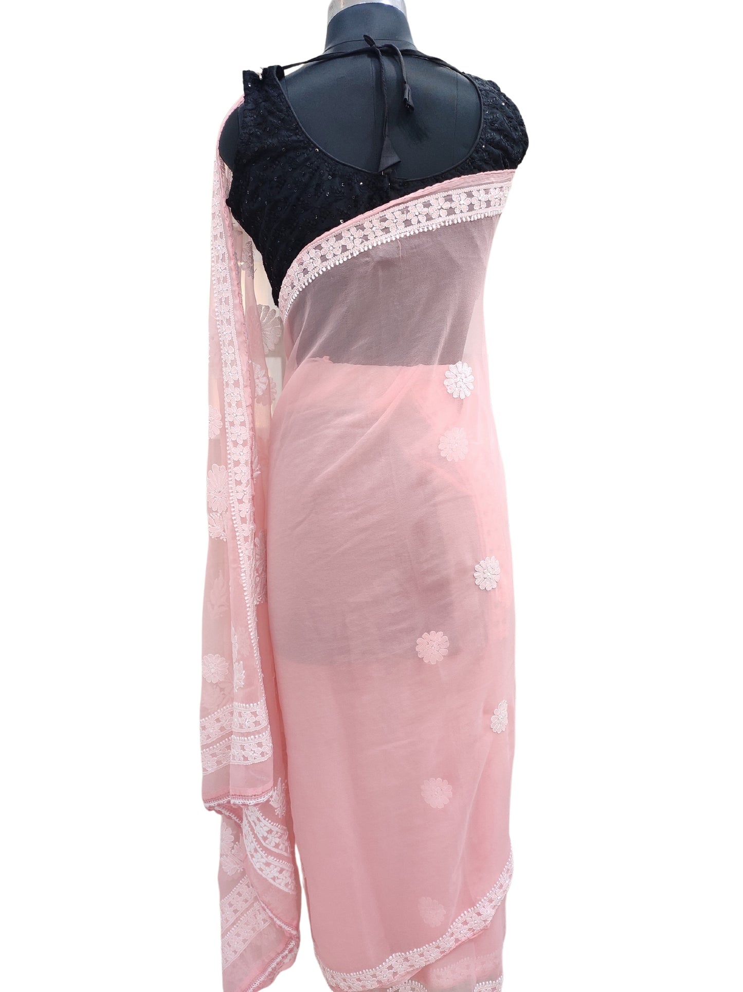 Shyamal Chikan Hand Embroidered Peach Georgette Lucknowi Chikankari Saree With Blouse Piece - S25246