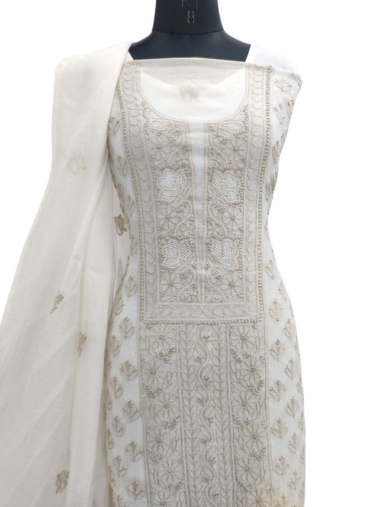 Shyamal Chikan Hand Embroidered White Mul Chanderi Lucknowi Chikankari Unstitched Suit Piece (Kurta Dupatta Set) - S23765