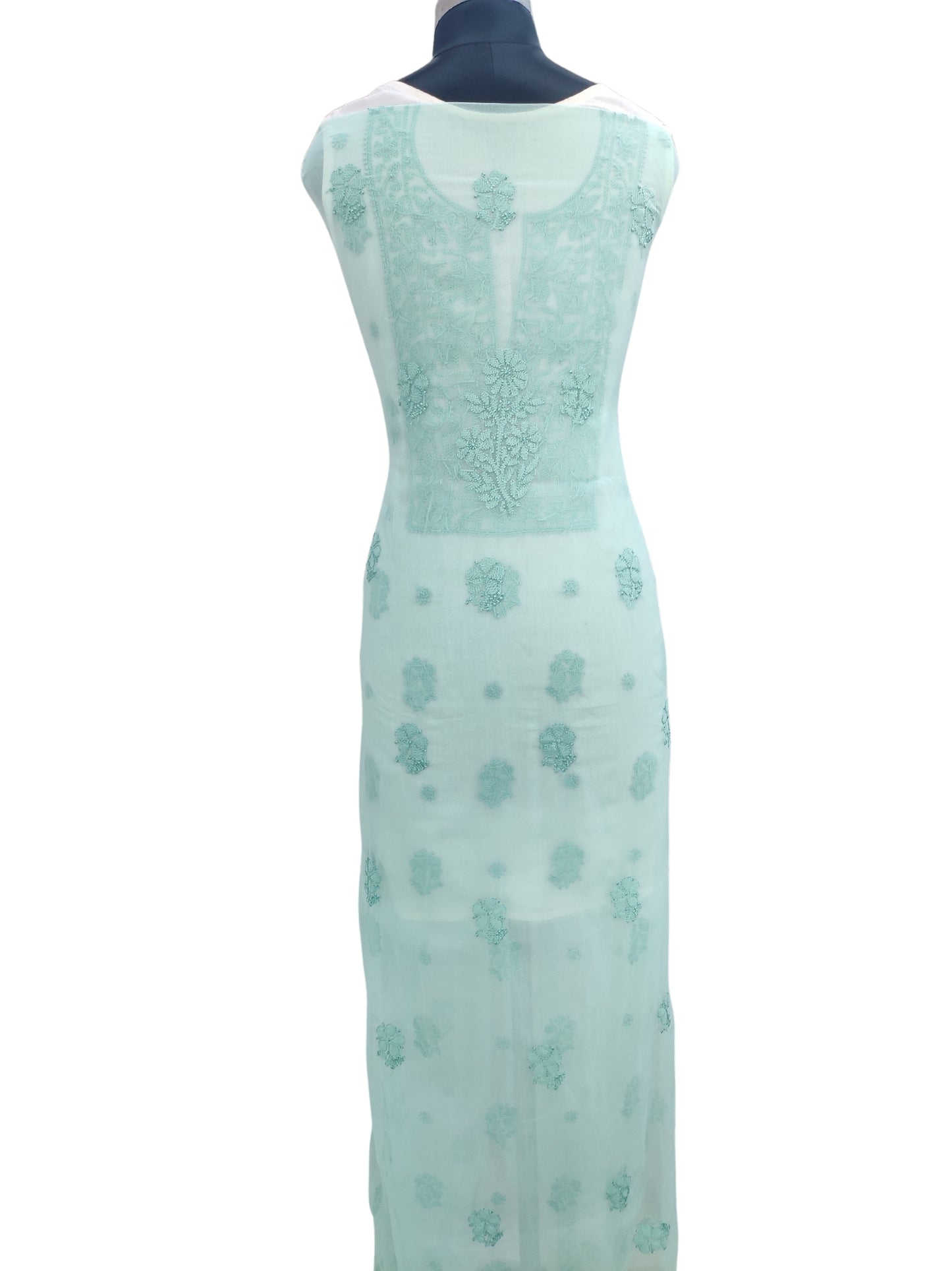 Shyamal Chikan Hand Embroidered Sea Green Georgette Lucknowi Chikankari Unstitched Suit Piece - 24022