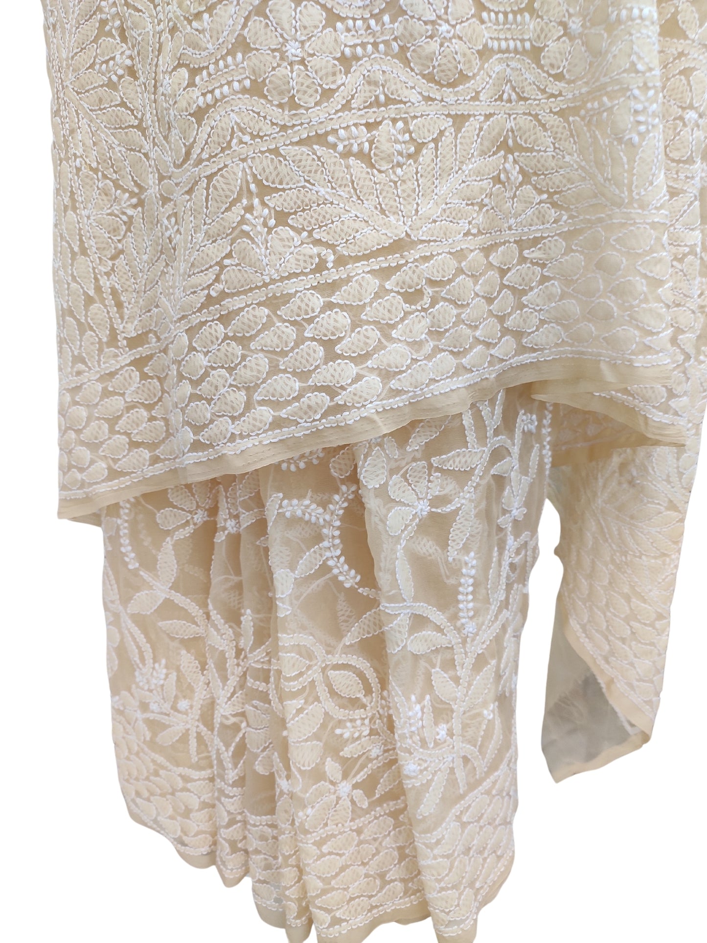 Shyamal Chikan Hand Embroidered Beige Georgette Lucknowi Chikankari Full Jaal Saree With Blouse Piece - S23991