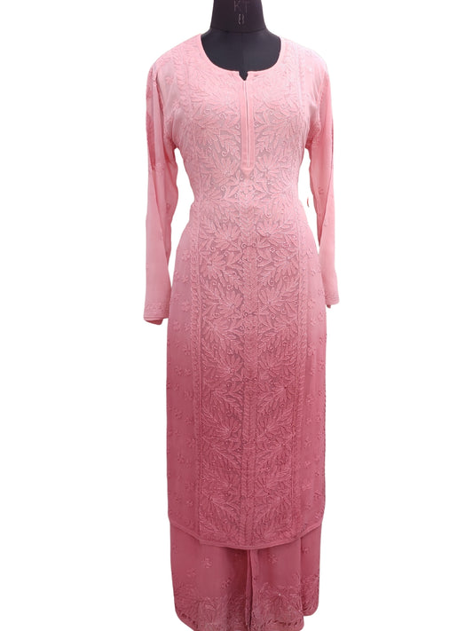 Shyamal Chikan Hand Embroidered Peach Viscose Georgette Lucknowi Chikankari Kurta and Bottom Set - 23656