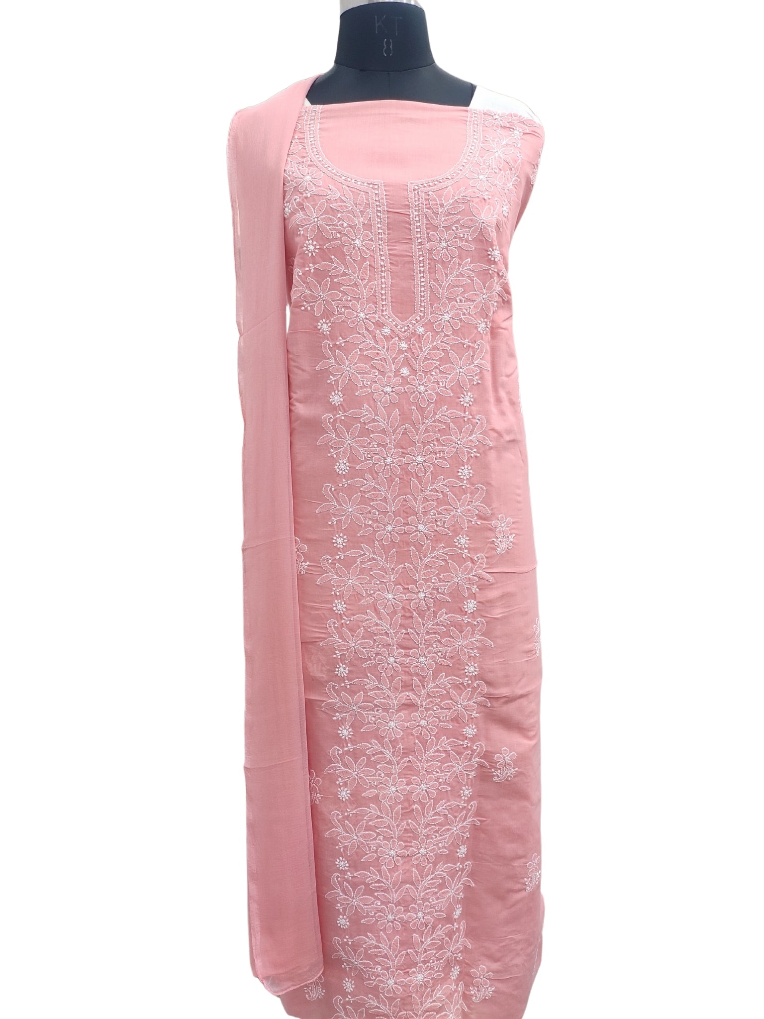 Shyamal Chikan Hand Embroidered Peach Cotton Lucknowi Chikankari Unstitched Suit Piece - S24769