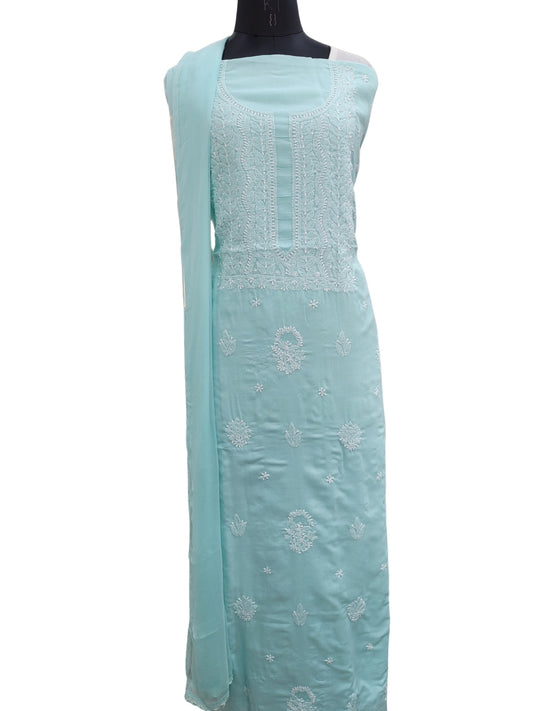 Shyamal Chikan Hand Embroidered Sea Green Cotton Lucknowi Chikankari Unstitched Suit Piece With Jaali Work - S25067