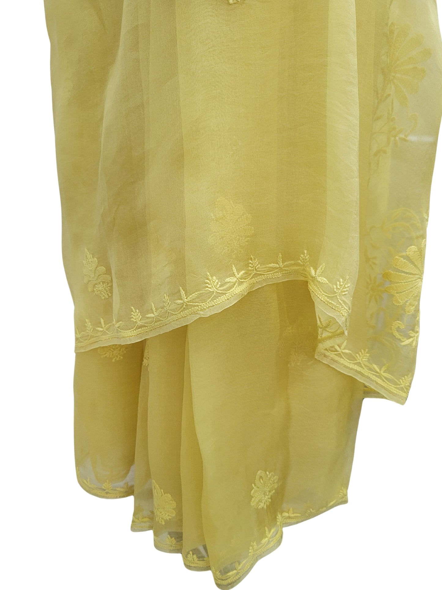 Shyamal Chikan Hand Embroidered Greenish Yellow Pure Organza Lucknowi Chikankari Saree With Blouse Piece - S24067