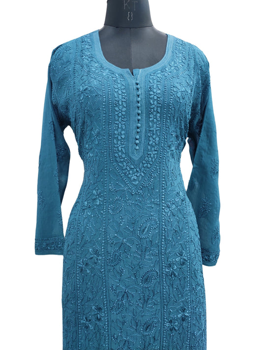 Shyamal Chikan Hand Embroidered Peacock Blue Viscose Georgette Lucknowi Chikankari Kurti - S24695