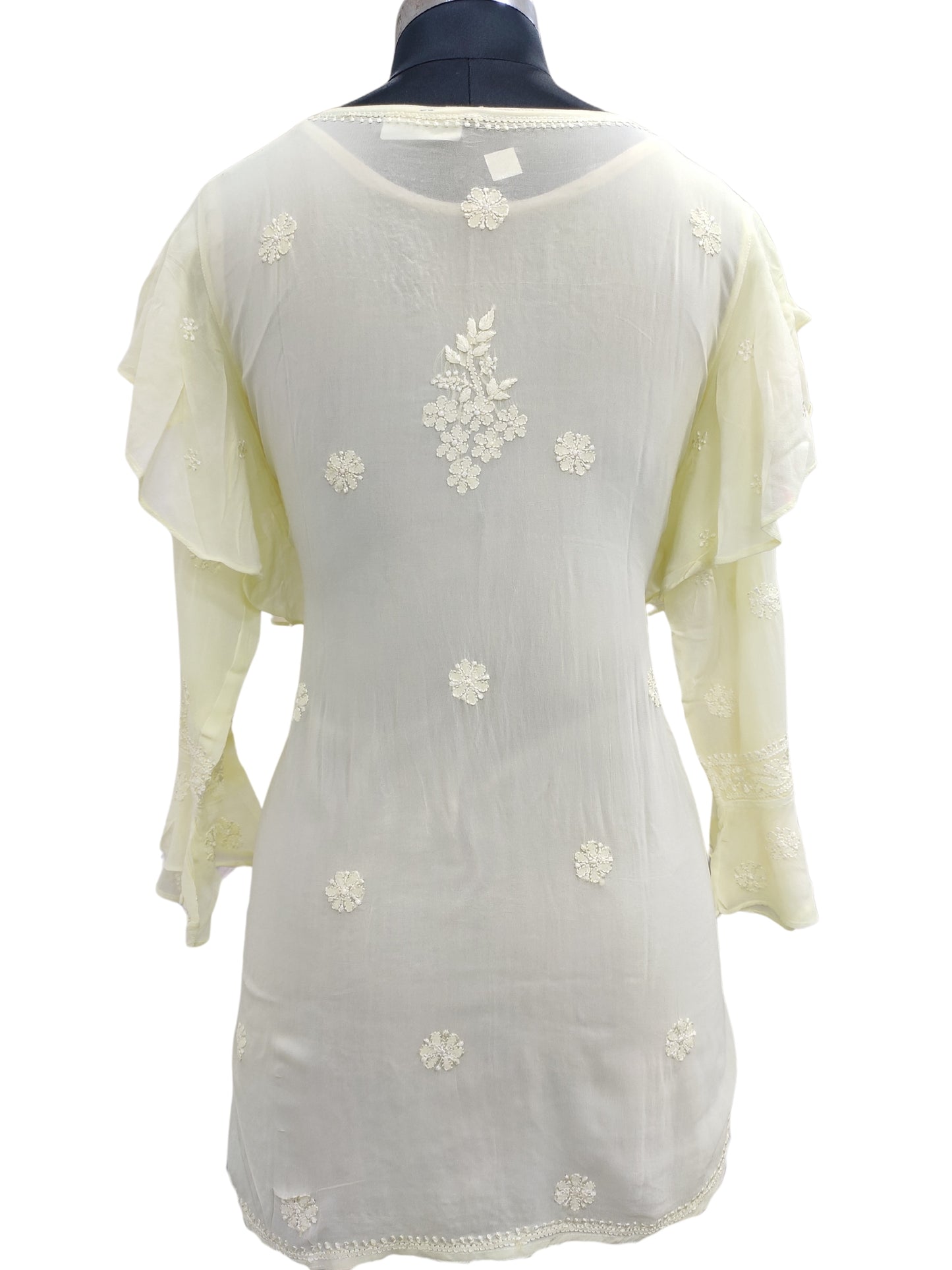 Shyamal Chikan Hand Embroidered Lemon Viscose Georgette Lucknowi Chikankari Short Top S23268