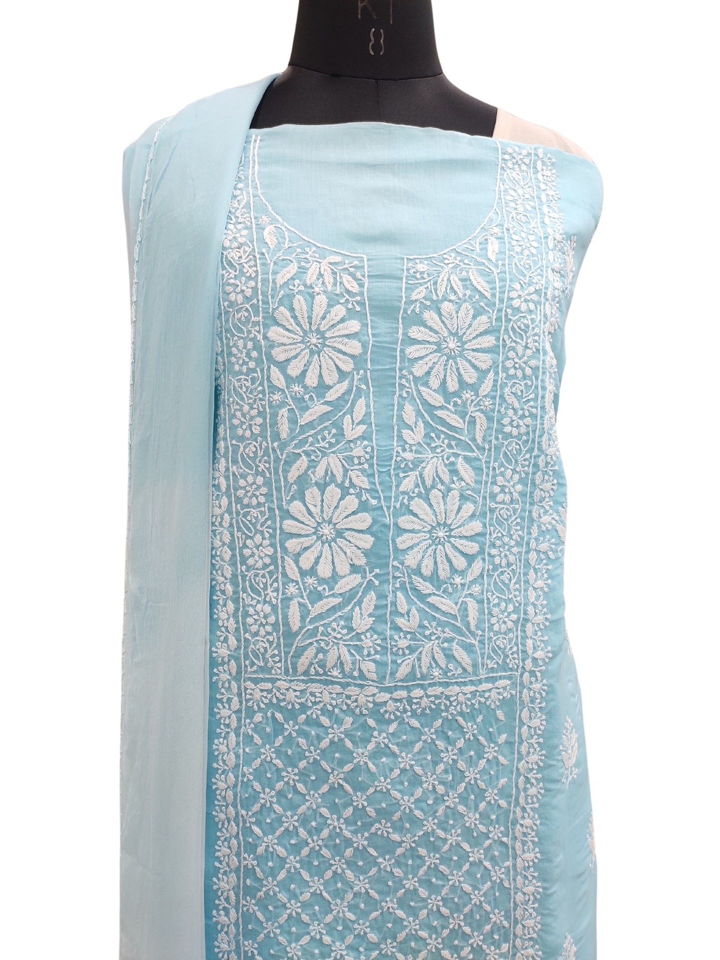 Shyamal Chikan Hand Embroidered Blue Cotton Lucknowi Chikankari Unstitched Suit Piece- S21841