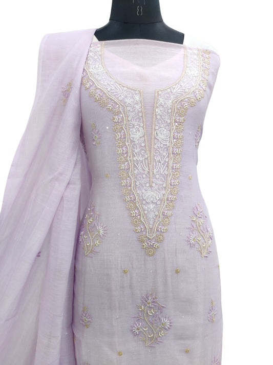 Shyamal Chikan Hand Embroidered Purple Mul Chanderi Lucknowi Chikankari Unstitched Suit Piece with Cutdana & Sequin Work (Kurta Dupatta Set) - S23758