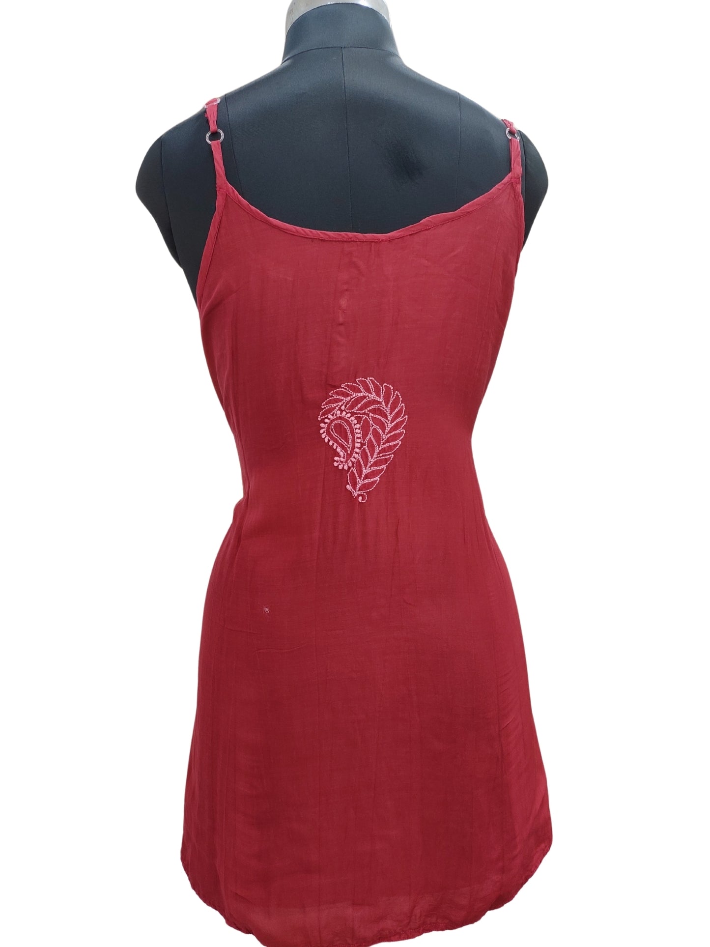 Shyamal Chikan Hand Embroidered Red Muslin Noodle Strap Lucknowi Chikankari Short Top - S25529