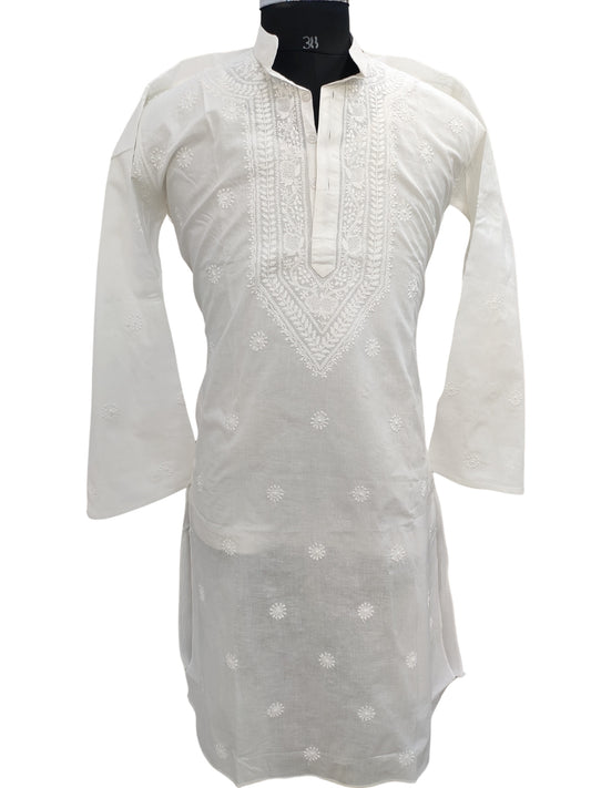 Shyamal Chikan Hand Embroidered White Pure Cotton Lucknowi Chikankari Men's Kurta – S23246