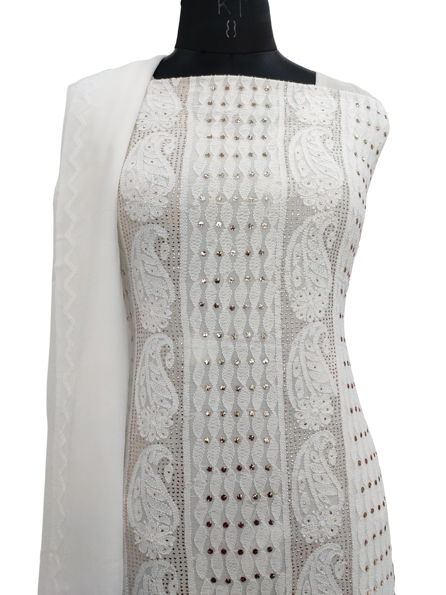 Shyamal Chikan Hand Embroidered White HQ Viscose Georgette Lucknowi Chikankari Unstitched Suit Piece With Mukaish Work ( Kurta  Dupatta Set ) - S20437