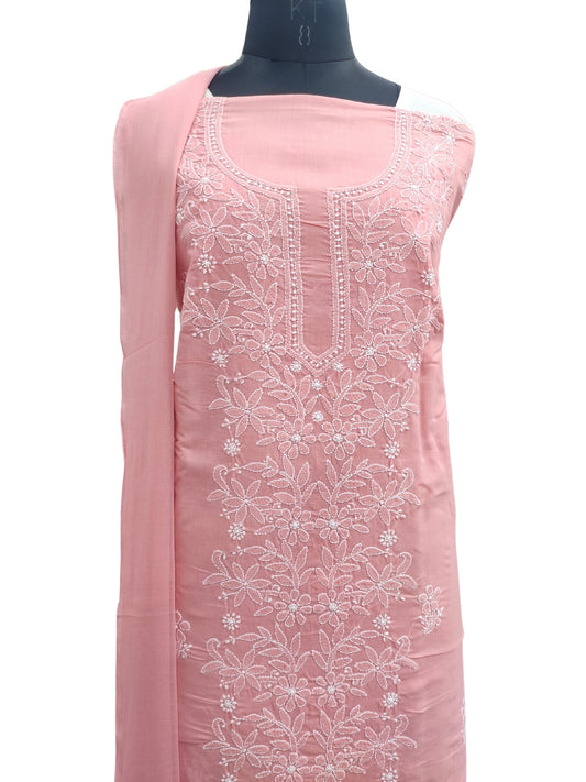 Shyamal Chikan Hand Embroidered Peach Cotton Lucknowi Chikankari Unstitched Suit Piece - S24769