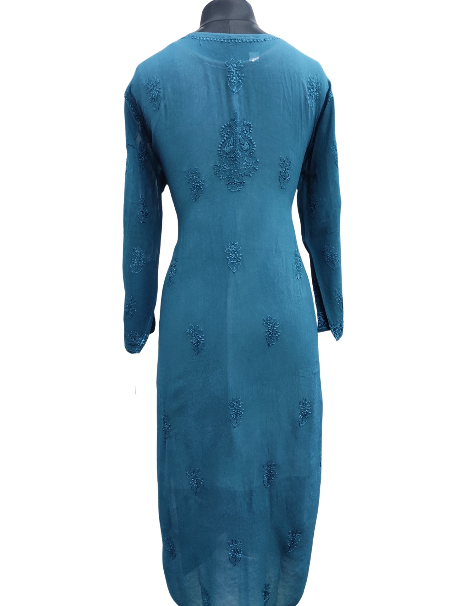 Shyamal Chikan Hand Embroidered Peacock Blue Viscose Georgette Lucknowi Chikankari Kurti - S24695