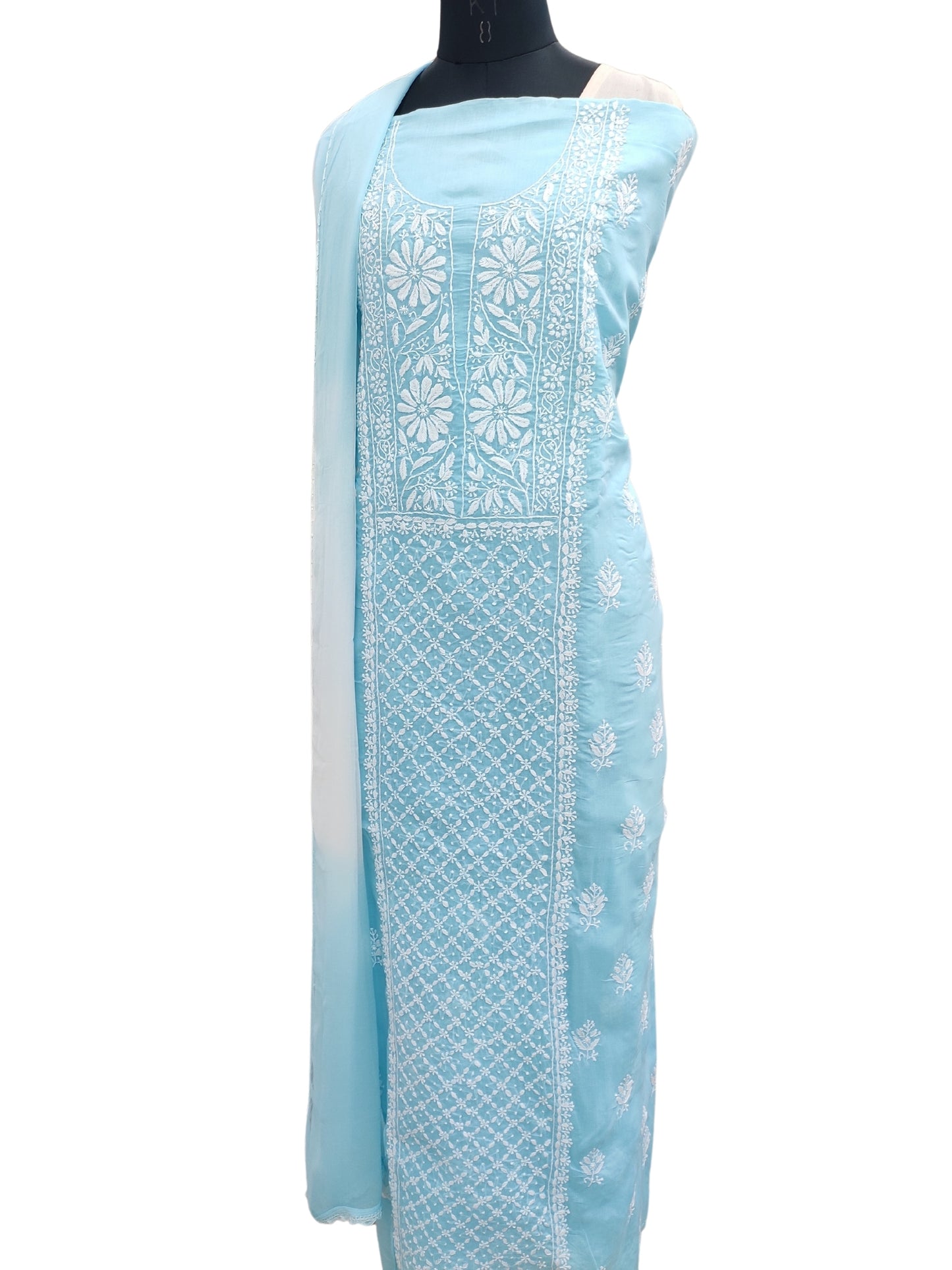 Shyamal Chikan Hand Embroidered Blue Cotton Lucknowi Chikankari Unstitched Suit Piece- S21841