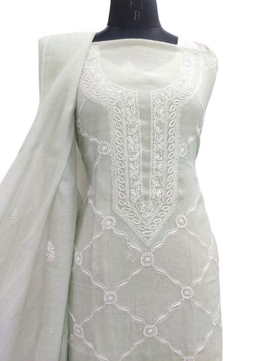 Shyamal Chikan Hand Embroidered Green Mul Chanderi Lucknowi Chikankari Unstitched Suit Piece (Kurta Dupatta Set) - S24462