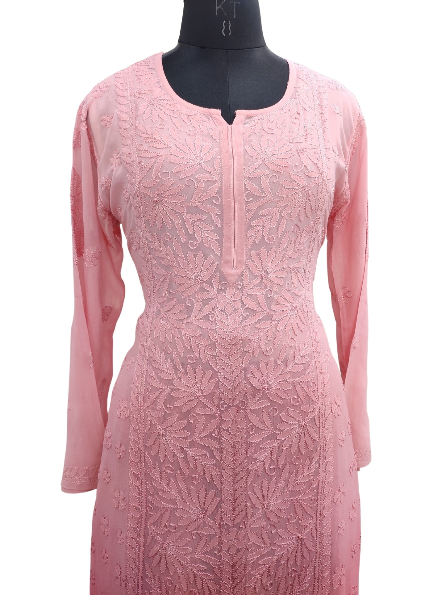 Shyamal Chikan Hand Embroidered Peach Viscose Georgette Lucknowi Chikankari Kurta and Bottom Set - 23656