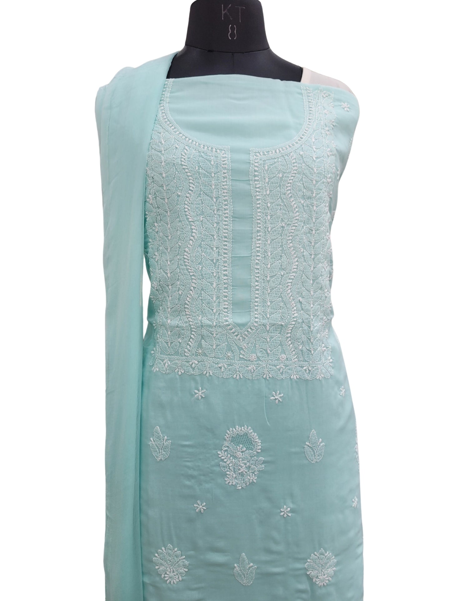 Shyamal Chikan Hand Embroidered Sea Green Cotton Lucknowi Chikankari Unstitched Suit Piece With Jaali Work - S25067