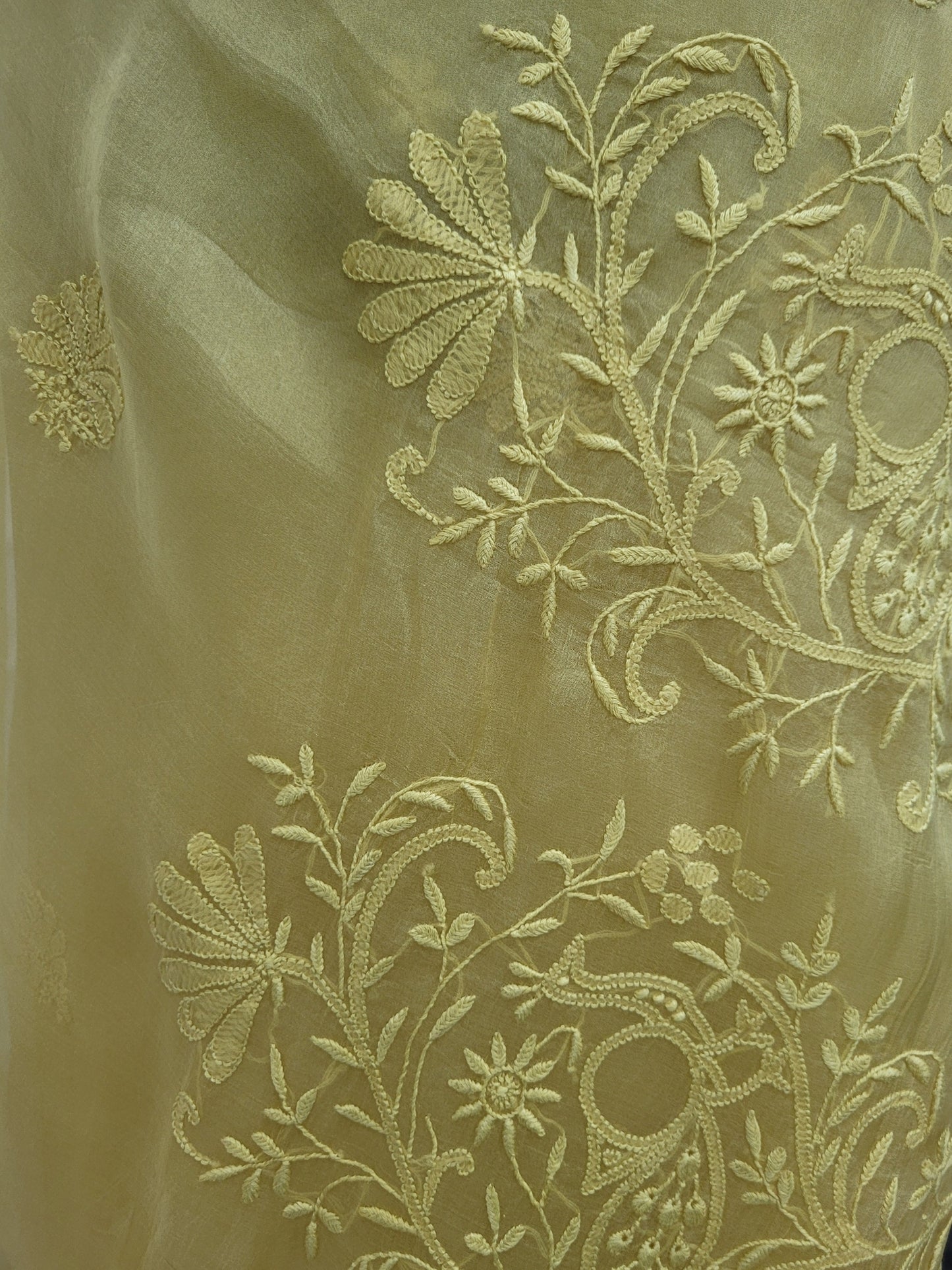 Shyamal Chikan Hand Embroidered Greenish Yellow Pure Organza Lucknowi Chikankari Saree With Blouse Piece - S24067