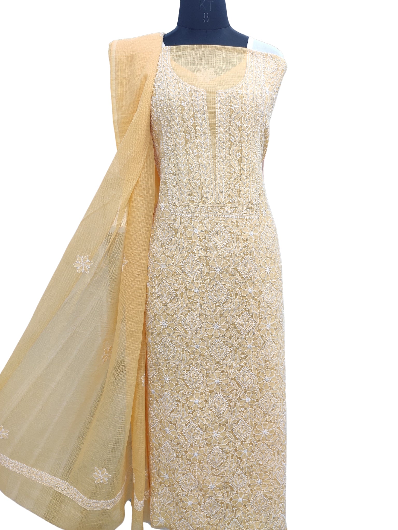 Shyamal Chikan Hand Embroidered Yellow Kota Cotton Lucknowi Chikankari Unstitched Suit Piece ( Kurta Dupatta Set ) - S22728