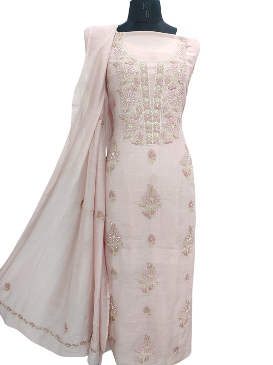 Shyamal Chikan Hand Embroidered Peach Mul Chanderi Lucknowi Chikankari Unstitched Suit Piece with Cutdana & Sequin Work (Kurta Dupatta Set) - S23749