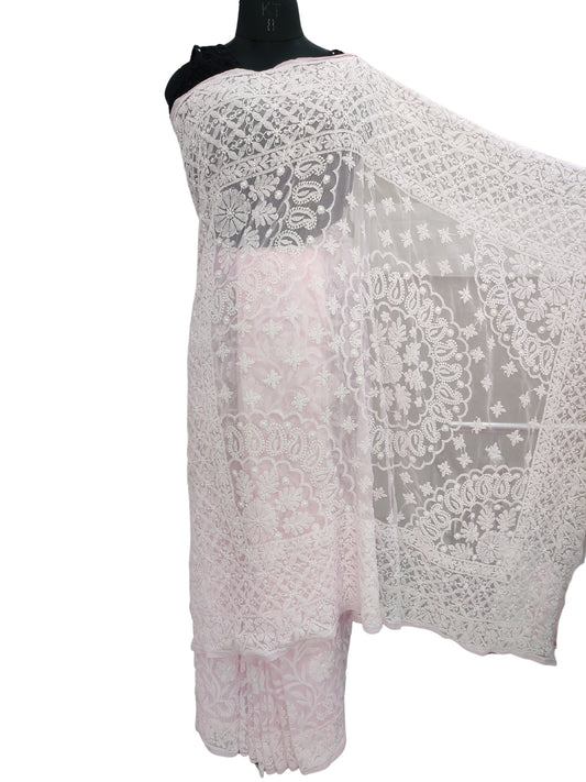 Shyamal Chikan Hand Embroidered Pink Georgette Lucknowi Chikankari Full Jaal Saree With Blouse Piece - 23995