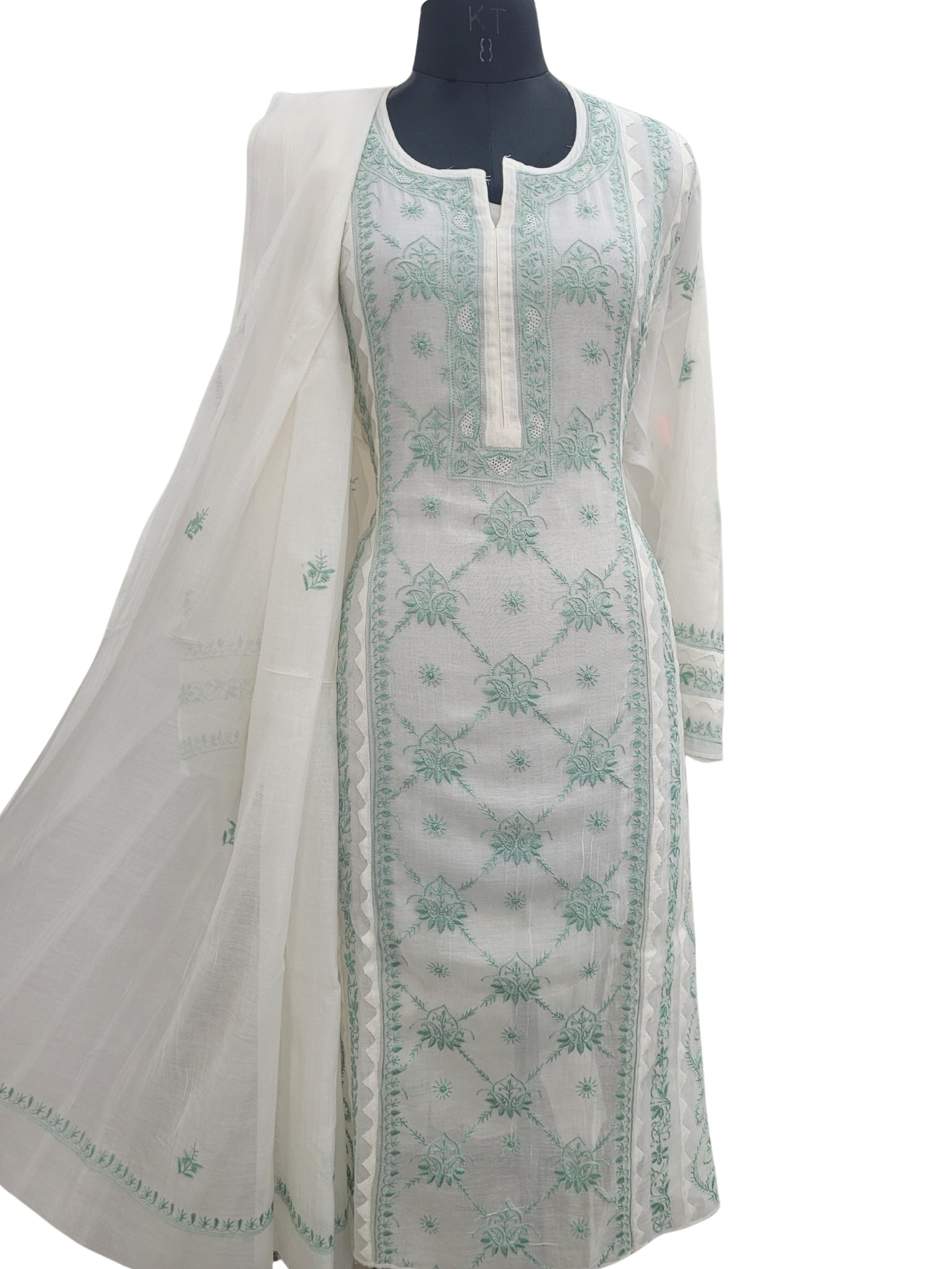 Shyamal Chikan Hand Embroidered White American Cotton Lucknowi Chikankari semi stitched Suit Piece (Kurta Dupatta Set) - S25101