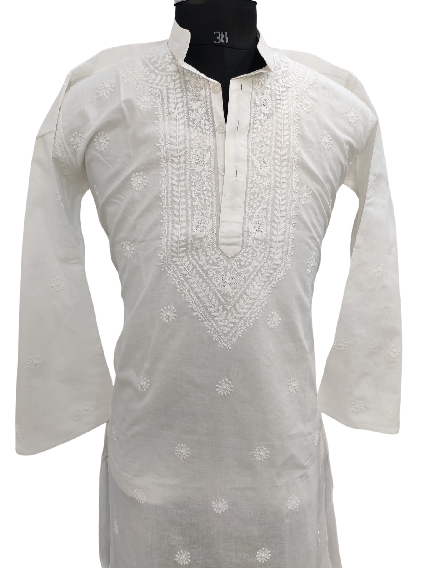 Shyamal Chikan Hand Embroidered White Pure Cotton Lucknowi Chikankari Men's Kurta – S23246