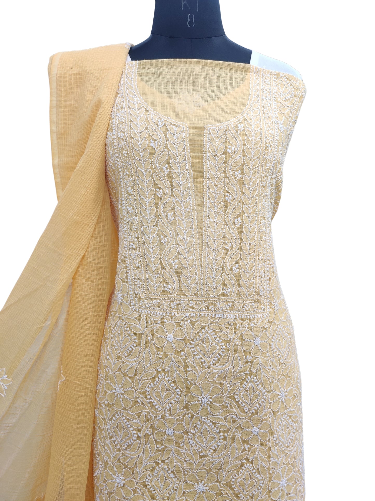 Shyamal Chikan Hand Embroidered Yellow Kota Cotton Lucknowi Chikankari Unstitched Suit Piece ( Kurta Dupatta Set ) - S22728