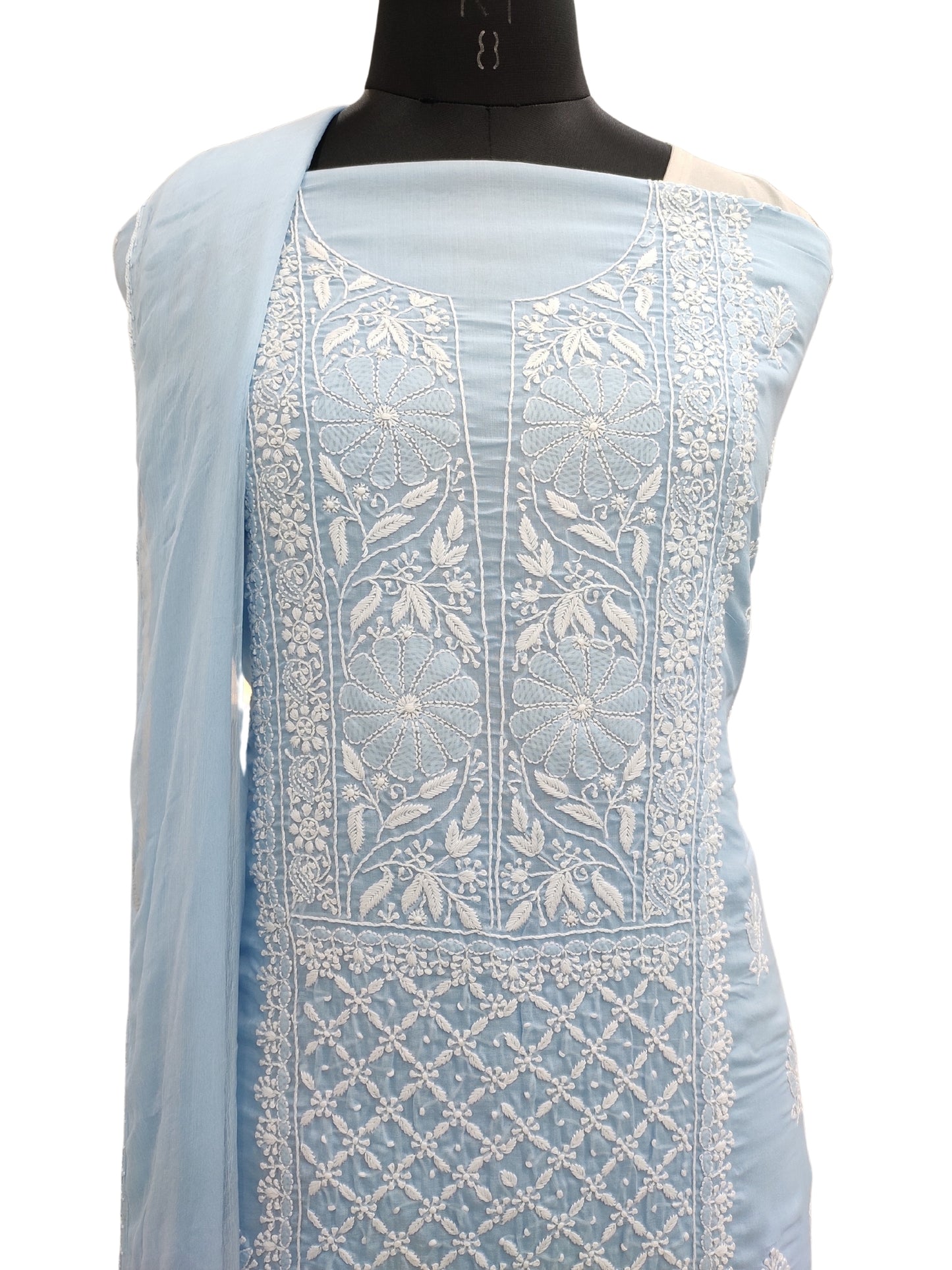 Shyamal Chikan Hand Embroidered Blue Cotton Lucknowi Chikankari Unstitched Suit Piece- S21840