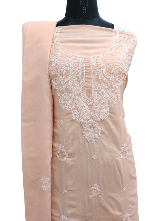 Shyamal Chikan Hand Embroidered Peach Cotton Lucknowi Chikankari Unstitched Suit Piece With Cotton Dupatta & Jaali Work - S25426