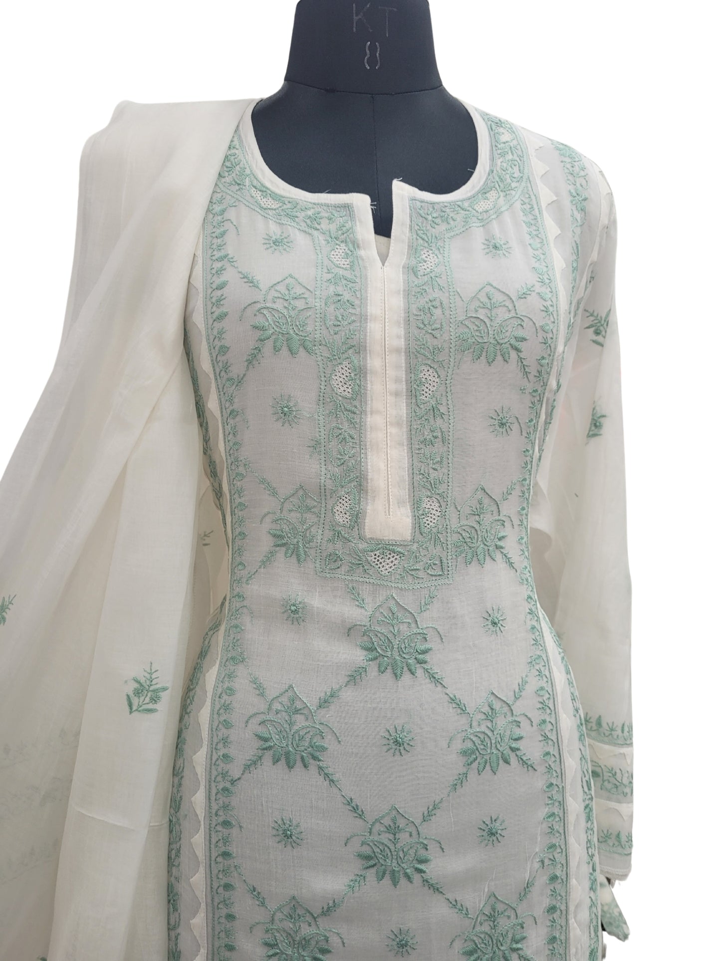 Shyamal Chikan Hand Embroidered White American Cotton Lucknowi Chikankari semi stitched Suit Piece (Kurta Dupatta Set) - S25101