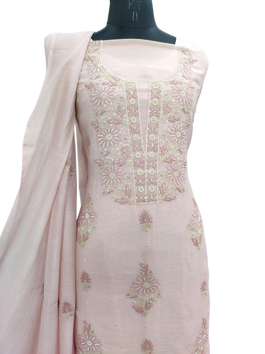 Shyamal Chikan Hand Embroidered Peach Mul Chanderi Lucknowi Chikankari Unstitched Suit Piece with Cutdana & Sequin Work (Kurta Dupatta Set) - S23749