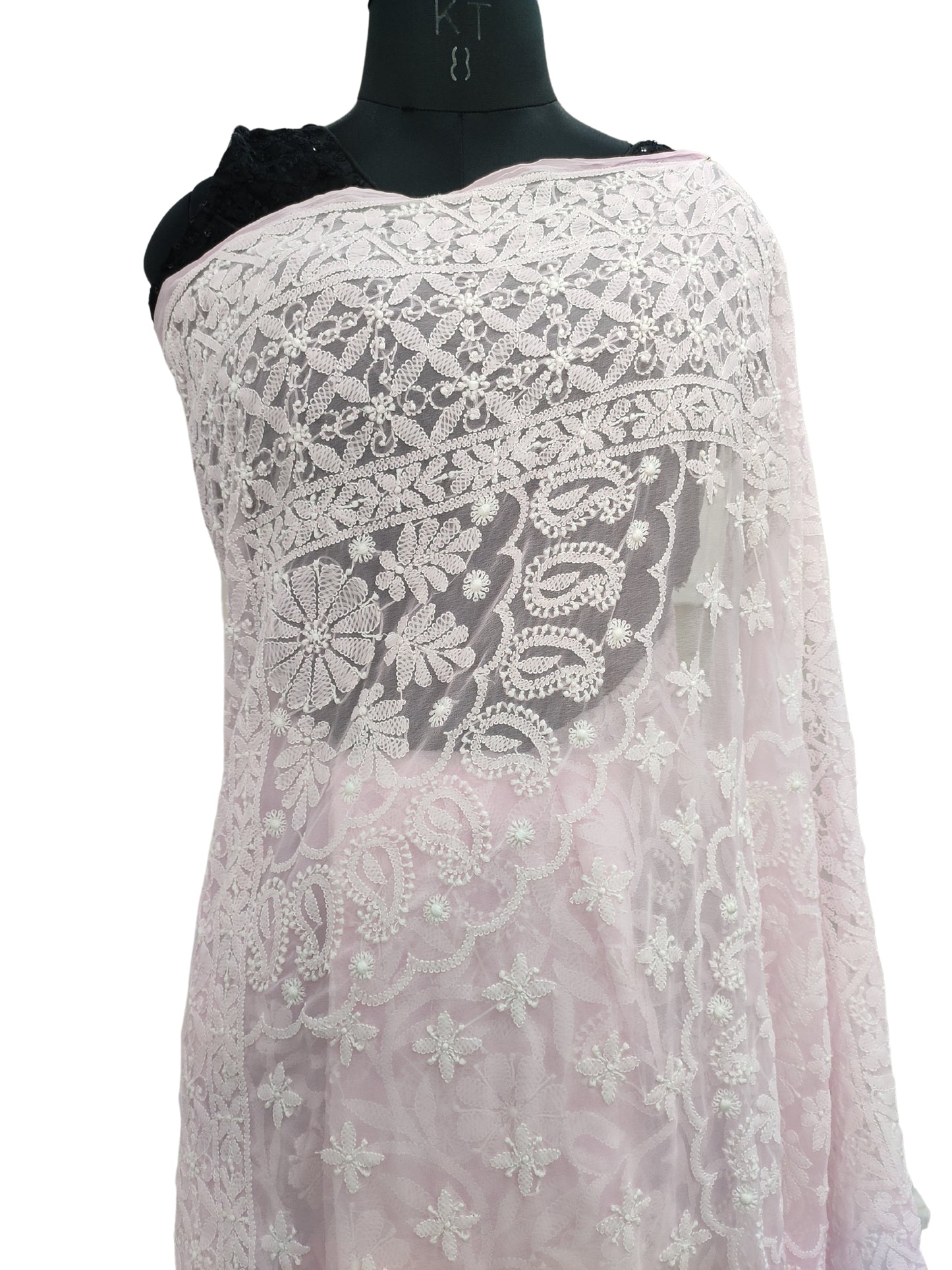 Shyamal Chikan Hand Embroidered Pink Georgette Lucknowi Chikankari Full Jaal Saree With Blouse Piece - 23995