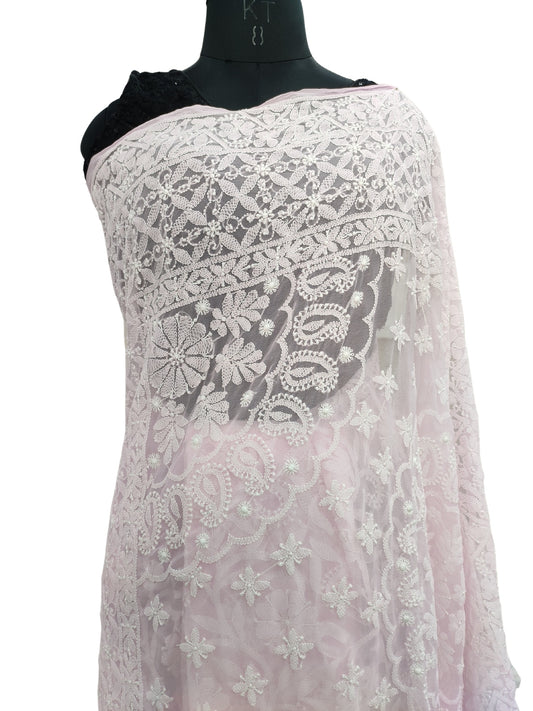 Shyamal Chikan Hand Embroidered Pink Georgette Lucknowi Chikankari Full Jaal Saree With Blouse Piece - 23995