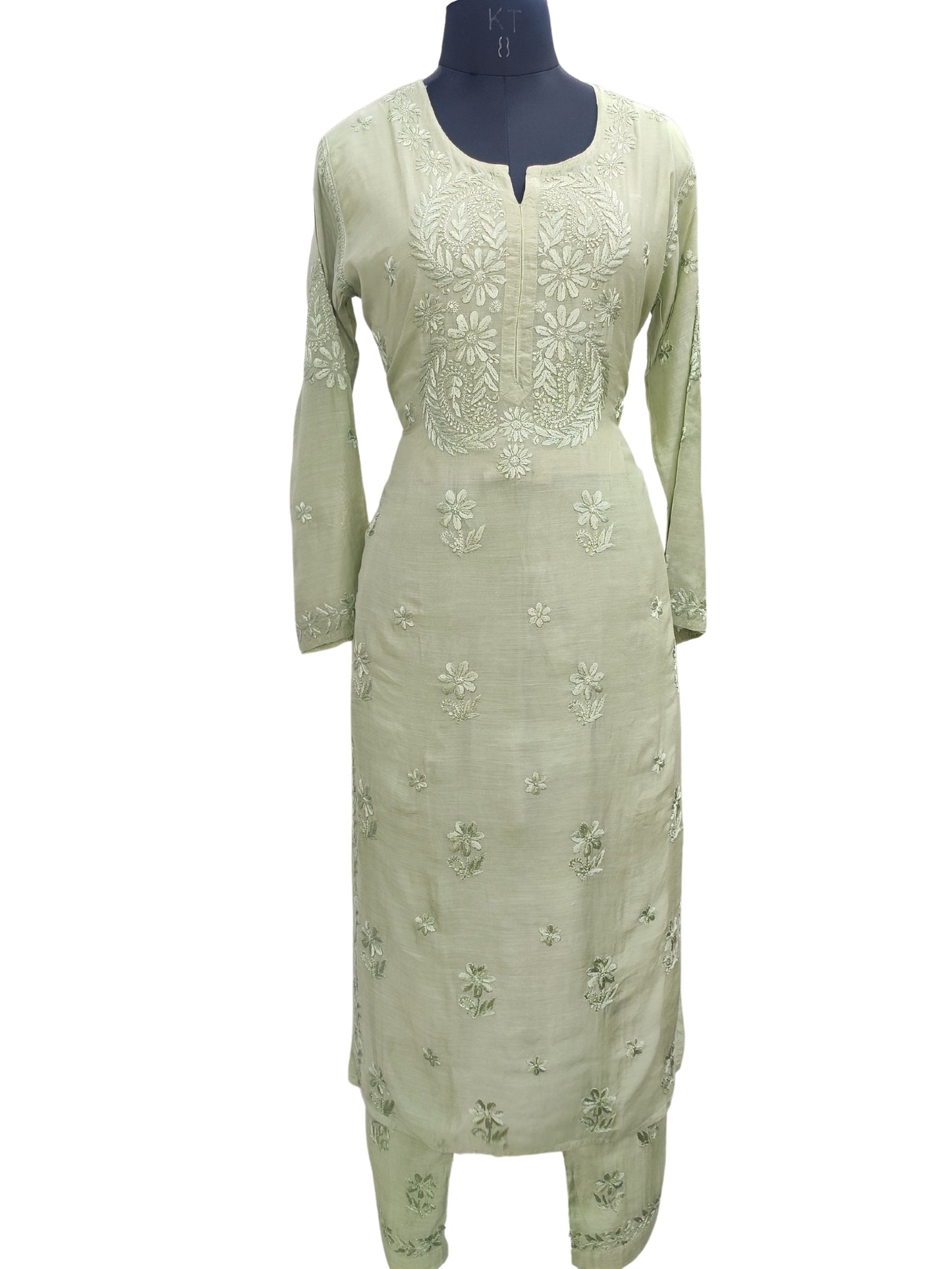 Shyamal Chikan Hand Embroidered Green Muslin Lucknowi Chikankari Kurta and Bottom Set - 23579