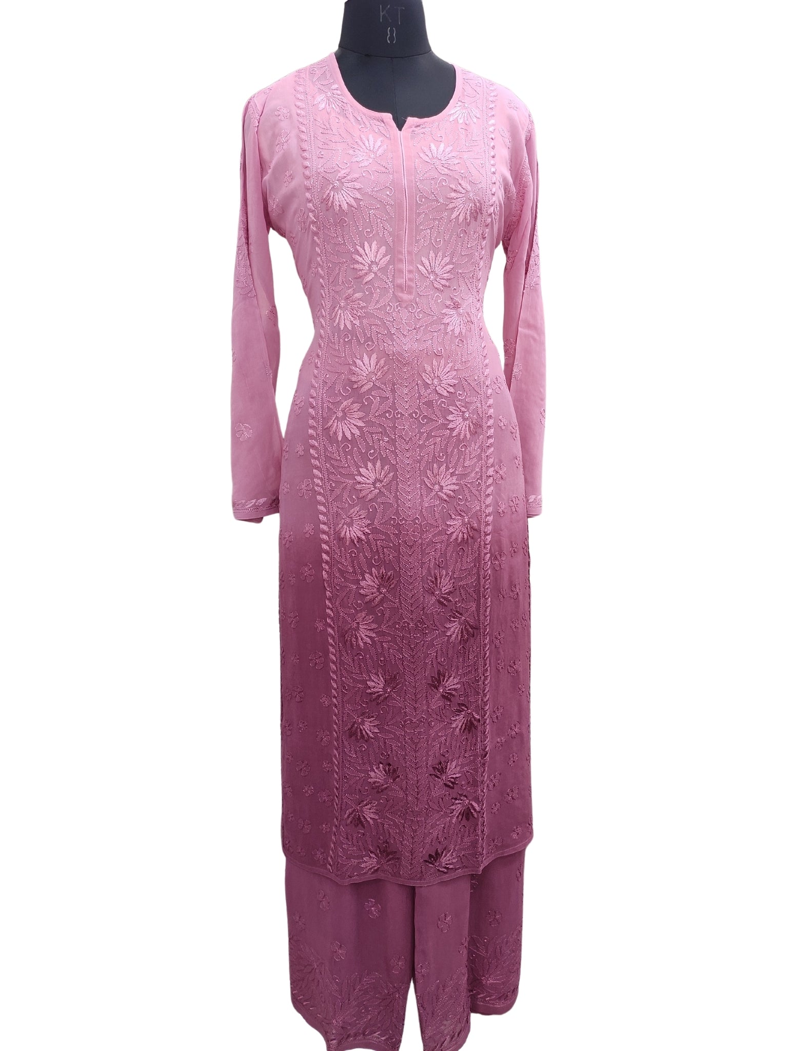 Shyamal Chikan Hand Embroidered Wine Viscose Georgette Lucknowi Chikankari Kurta and Bottom Set - 23661